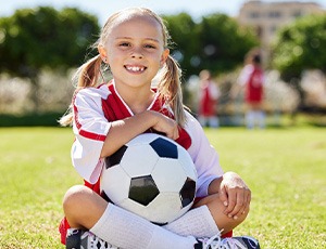Child smiles with soccer ball