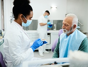 A dentist explaining denture components to a patient
